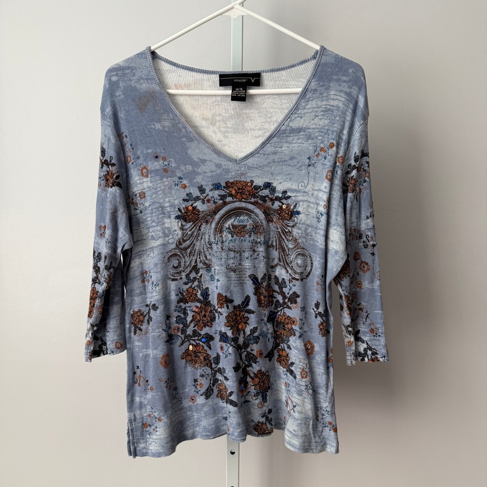 Venezia 14/16 Blue Floral Graphic Top Sequin Shirt Slouchy Flowy Earth Colors